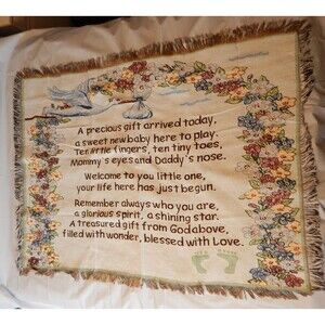 Baby Tapestry Throw Blanket Newborn Poem Fringe Floral w Stork Footprints Shower